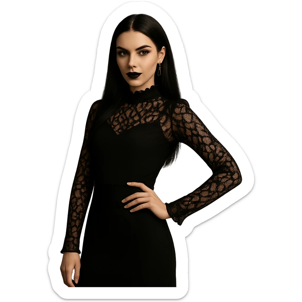 Change the image to a dynamic pose of a gothic girl standing with one hand on hip and a confident expression. Preserve the transparent background. The style should remain gothic and elegant. sticker
