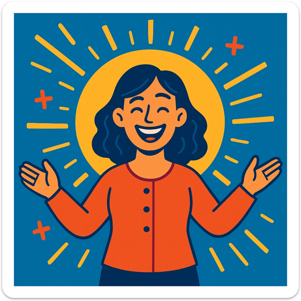 smiling woman with open arms and glowing aura, symbolizing support and motivation, colorful approachable style, Mutmacherin sticker