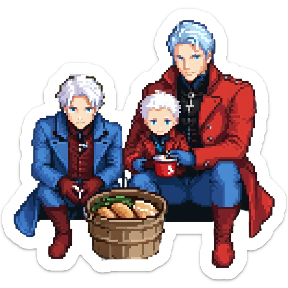 Dante and Vergil from Devil May Cry sitting together in a KFC family bucket, Dante in red coat, Vergil in blue coat, both with white hair sticker