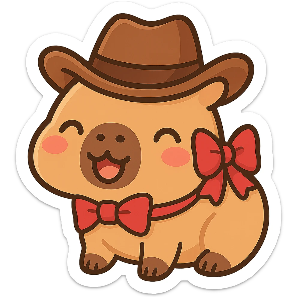 Add a red bow to the capybara wearing a cowboy hat, maintaining the chibi stickers style, with a transparent background. sticker