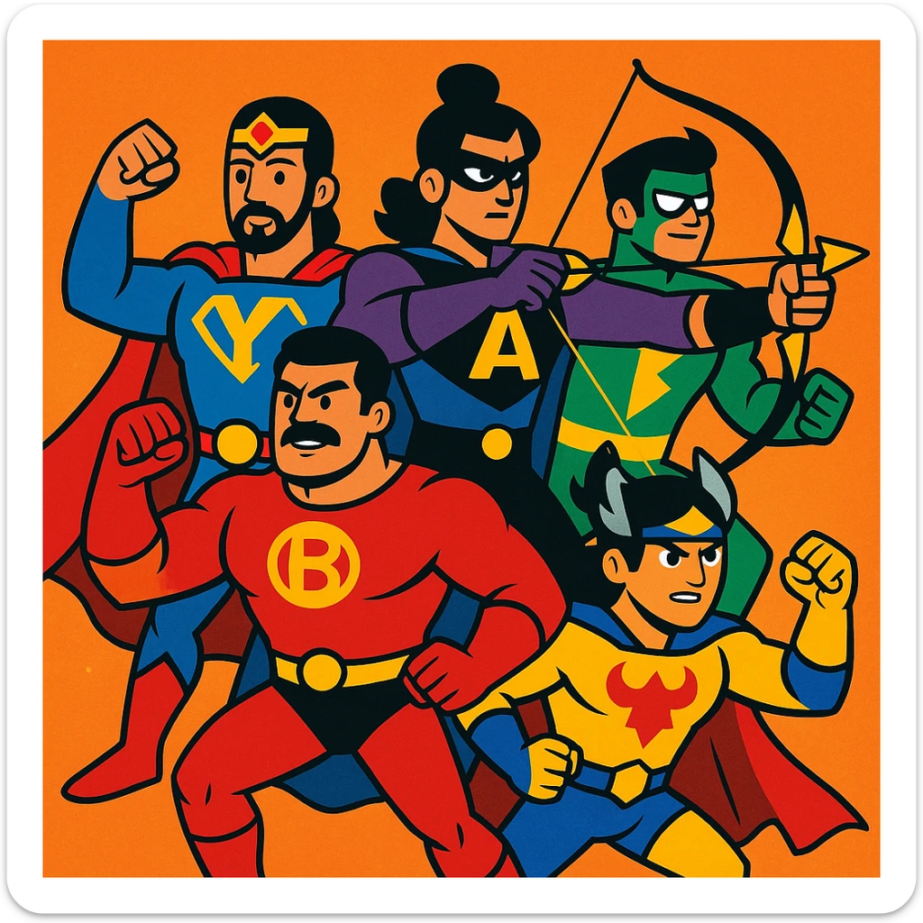 Pach Pandav, the five Pandava brothers, shown as modern superheroes, each with unique costumes inspired by their mythological traits, in a dynamic group pose sticker