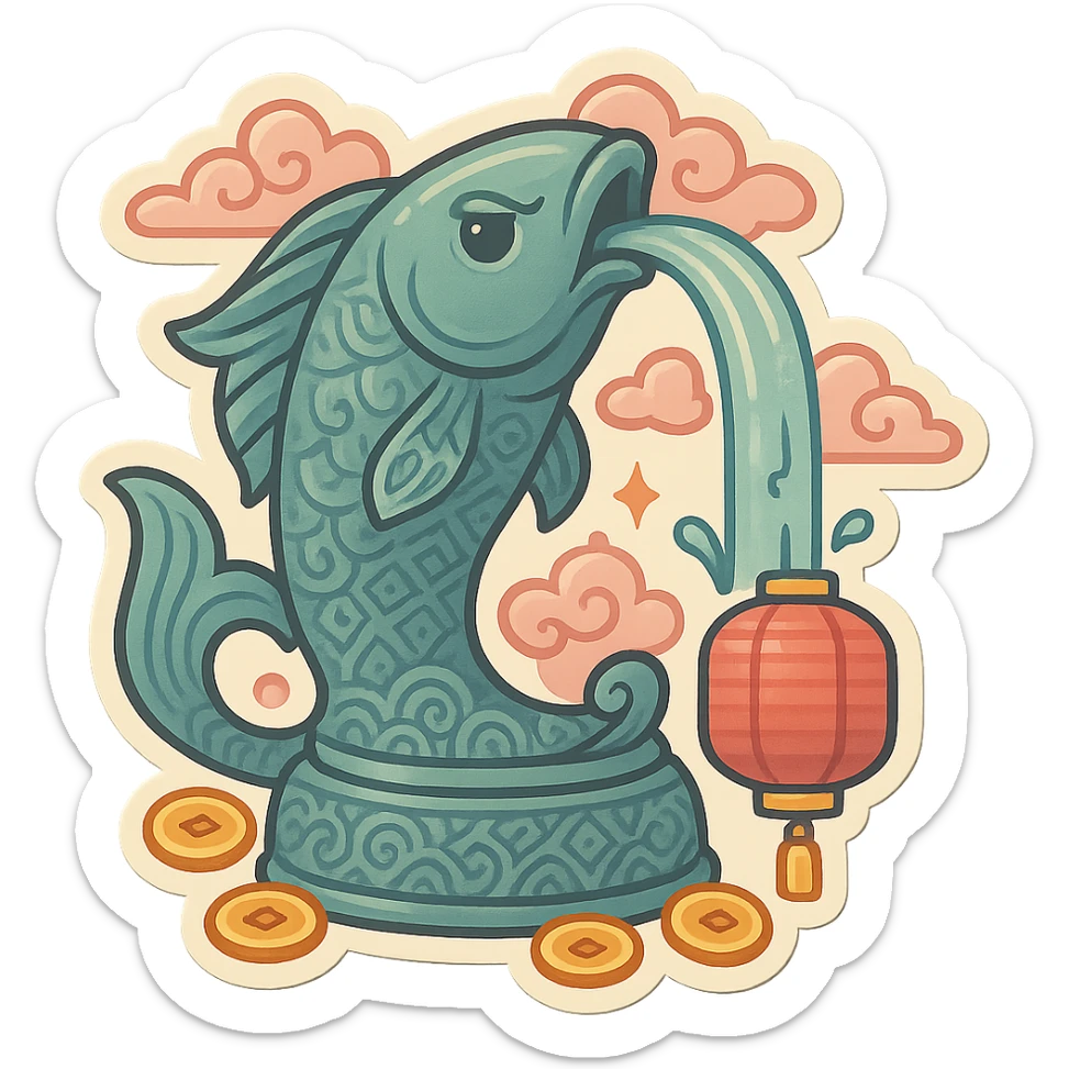 elongated fountain shaped like a serious fish with a water stream flowing from its mouth, retro-stickers style, eastern decor with patterns, clouds, coins, lanterns, detailed drawing with shadows and highlights, thin clean contours, soft rounded shapes, pastel palette #98B5BC, #B5B3C1, #C9A3C9, #E4C0CA, #F7DCD1, #F7C0AA, modern Japanese pop art, soft lighting, transparent background sticker