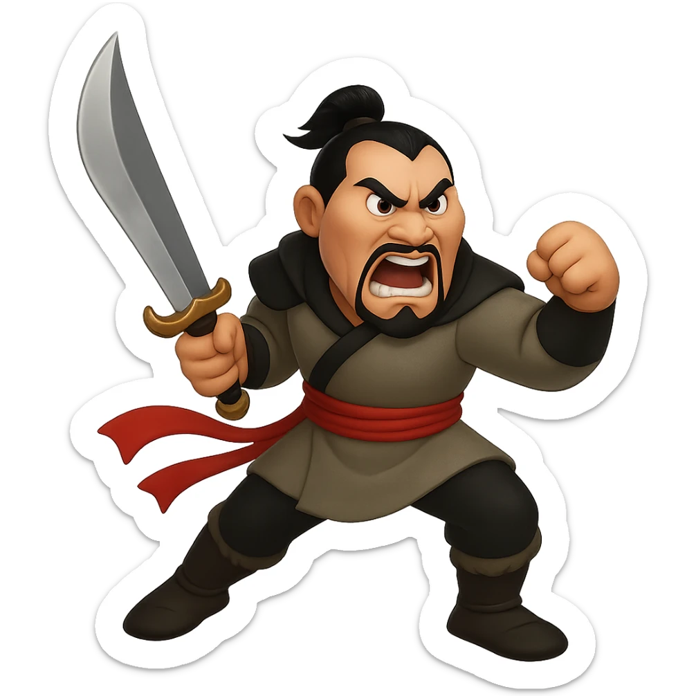 Show Shan Yu in a dynamic battle stance, full body, holding a weapon, looking seriously pissed off, transparent background, in the style of emoji (apple style emojis) sticker