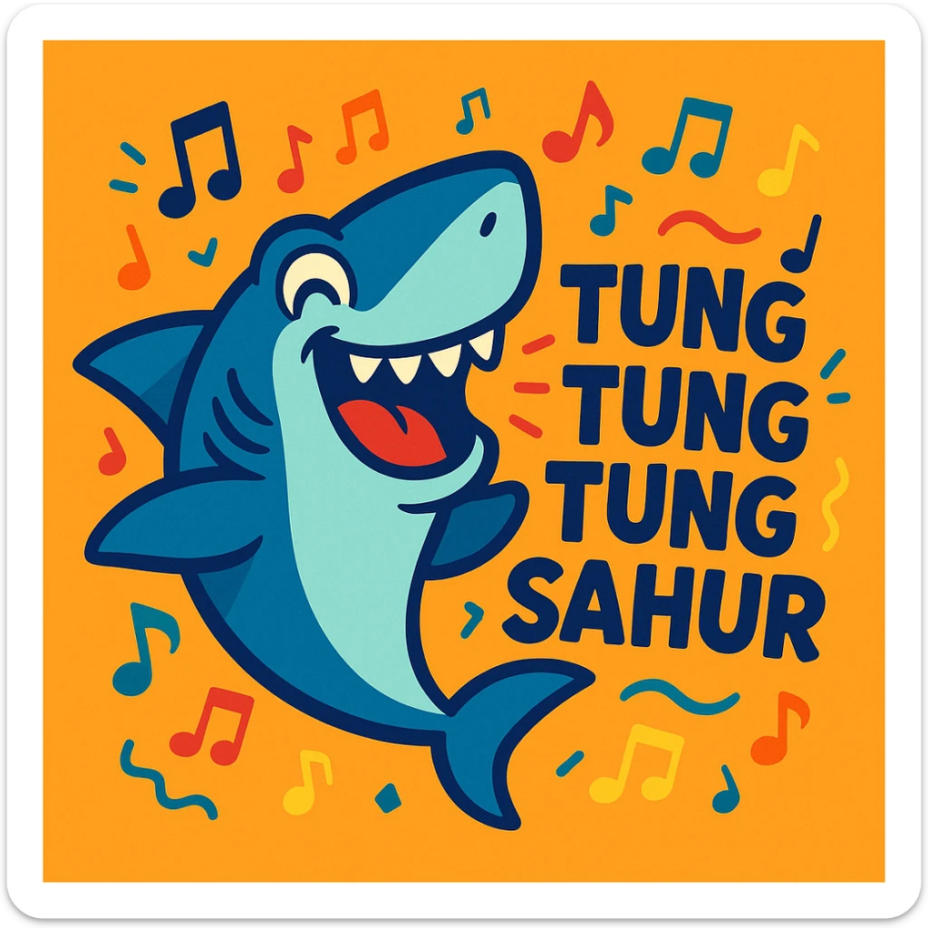 playful shark (akula) with musical notes and the phrase 'tung tung tung sahur', vibrant and fun, cartoon style sticker