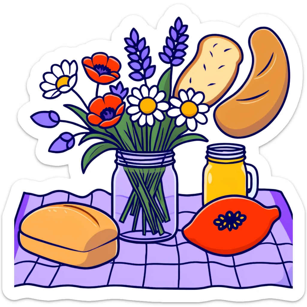wildflower bouquet with daisies, poppies and lavender arranged in a mason jar on a picnic blanket with bread and fruit sticker