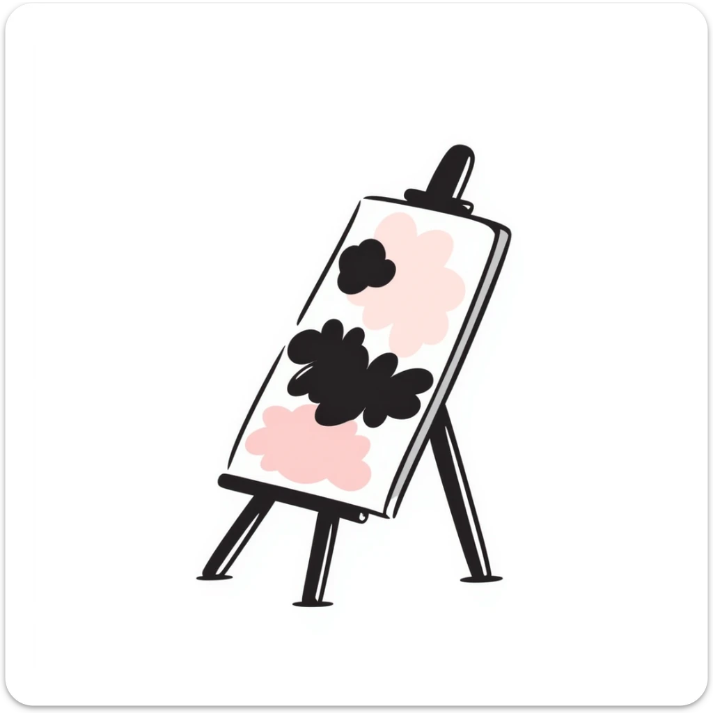 A wooden artist easel/painter's easel with a canvas in pastel colors (dd9fb0, ffc6d3, a3bfc9, c4bee2, f1b091), hand-drawn doodle style sticker