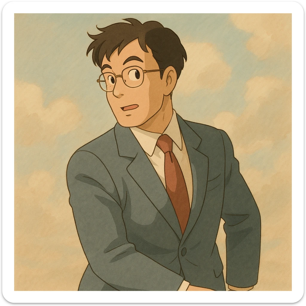 a business man turning his body, ghibli style, suit and tie, soft colors sticker