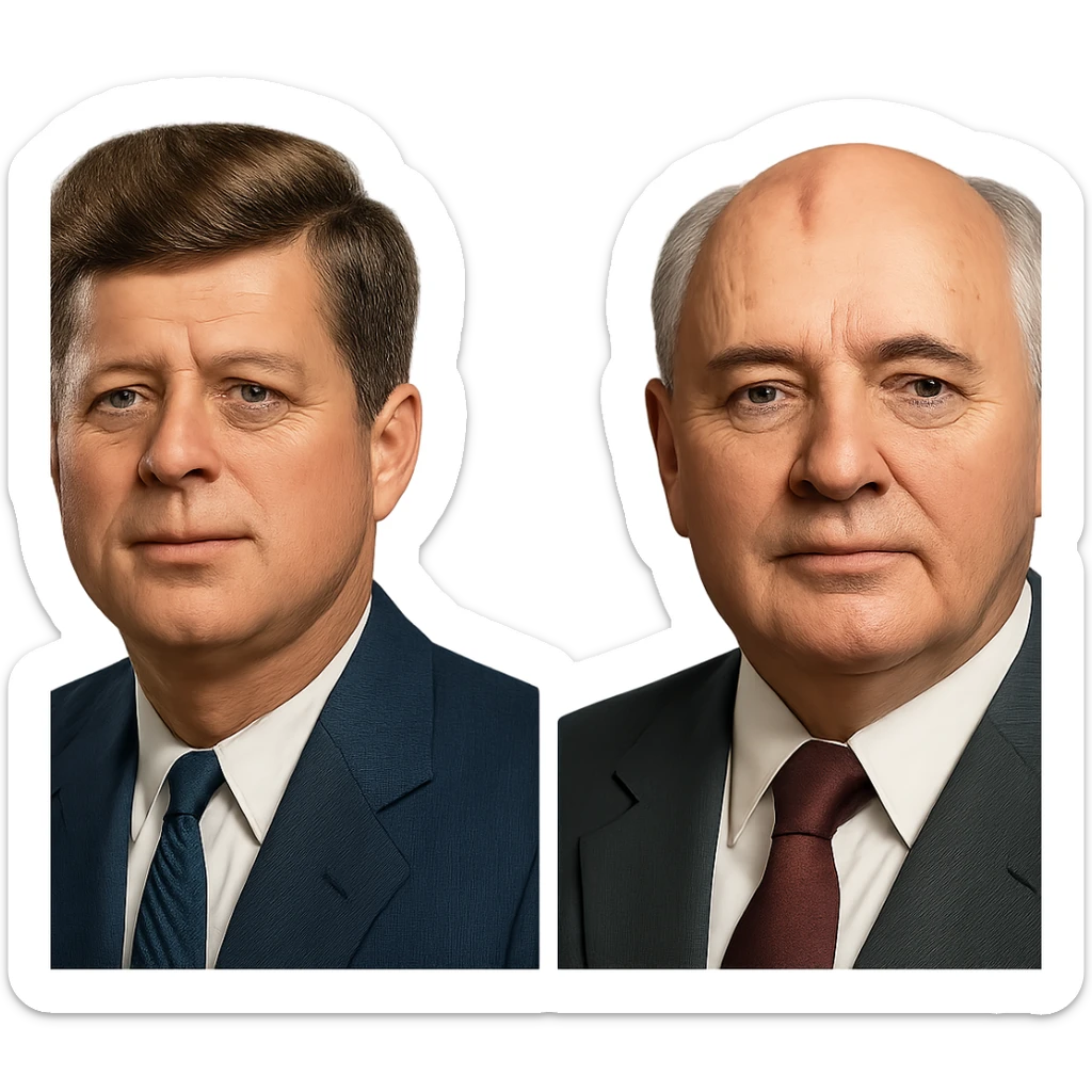 realistic icon of John F. Kennedy and Mikhail Gorbachev side by side, clean and focused sticker