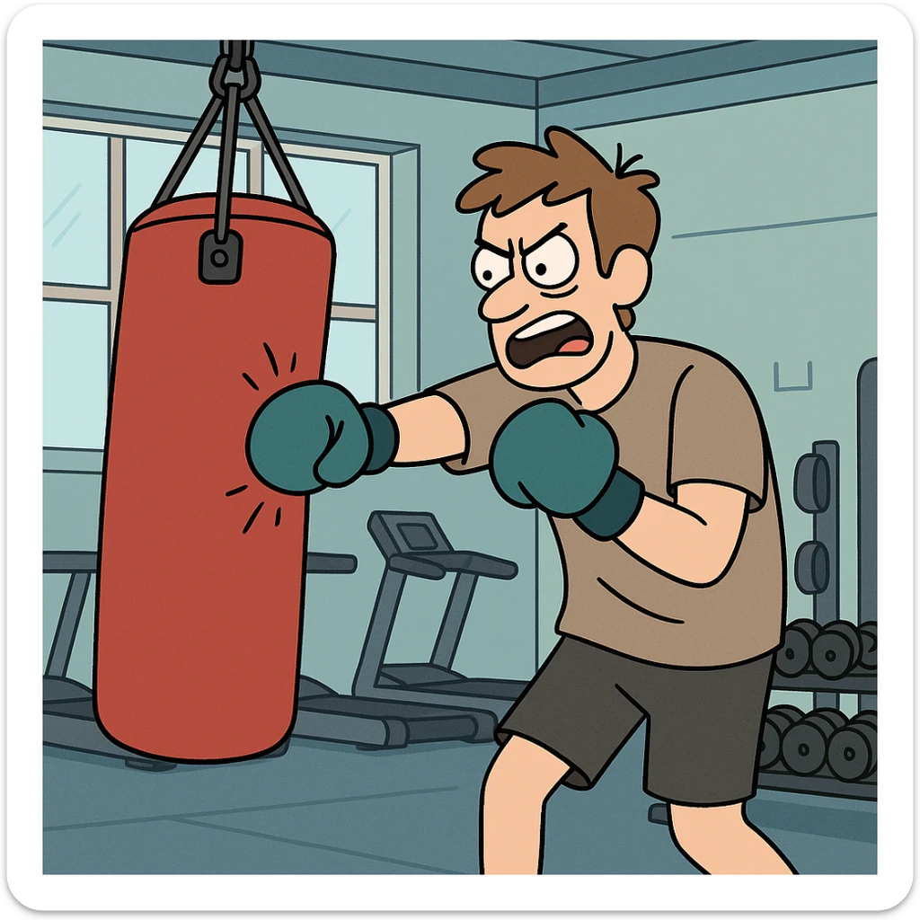 Hit a punching bag – to punch a padded bag for exercise or stress relief.
He went to the gym to hit a punching bag and blow off steam. Background Gym
 sticker