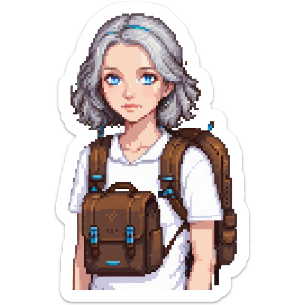 white woman park ranger with blue eyes, brown and gray hair, wearing a backpack sticker