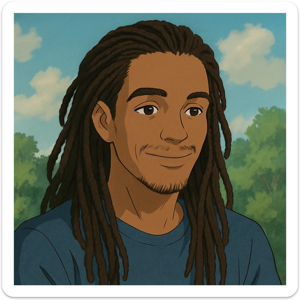 Jalen in Ghibli style, gentle smile, detailed hair sticker