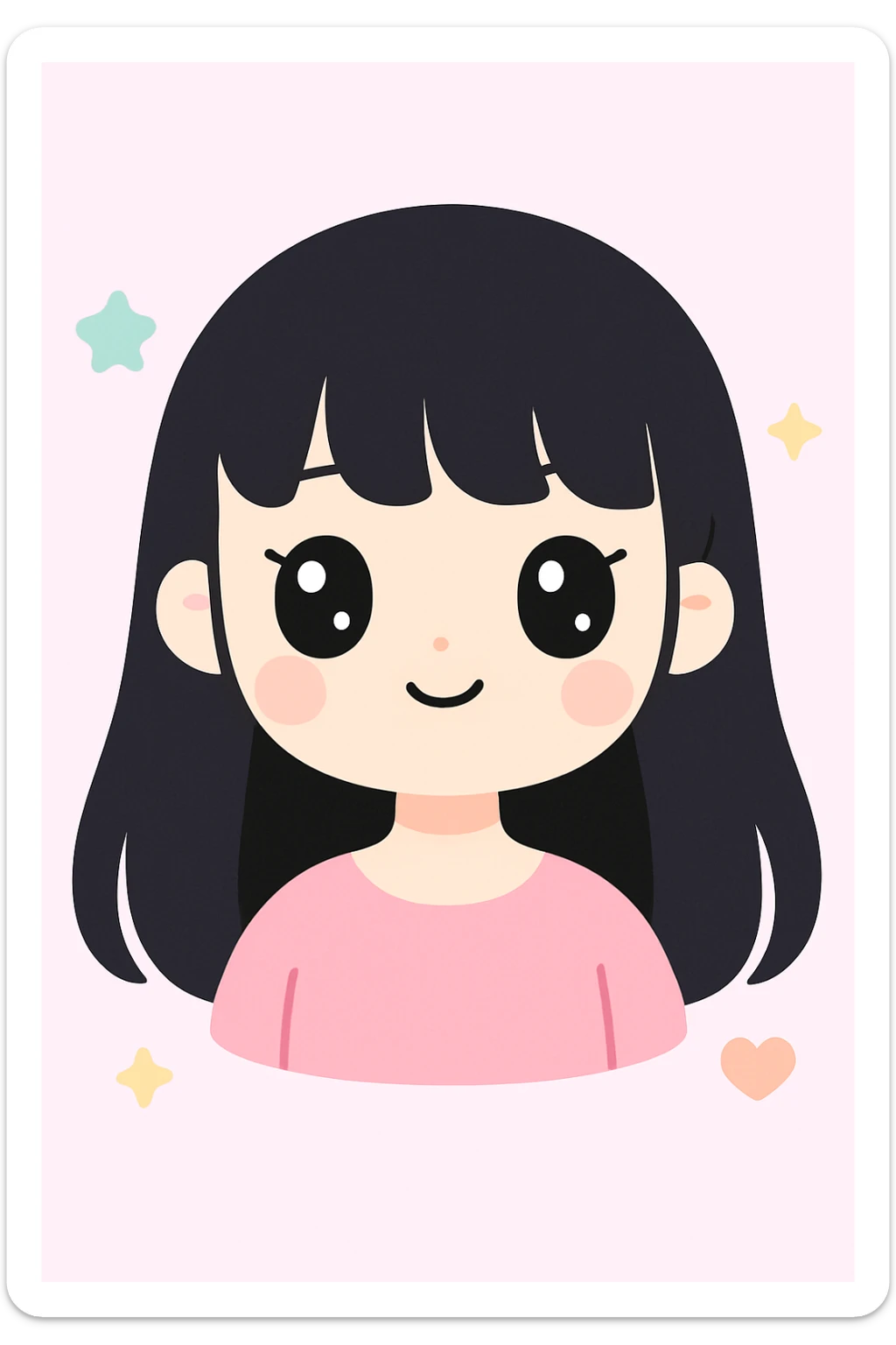 portrait of a pretty white girl with long black hair and thick bangs, soft pastel colors, kawaii style sticker