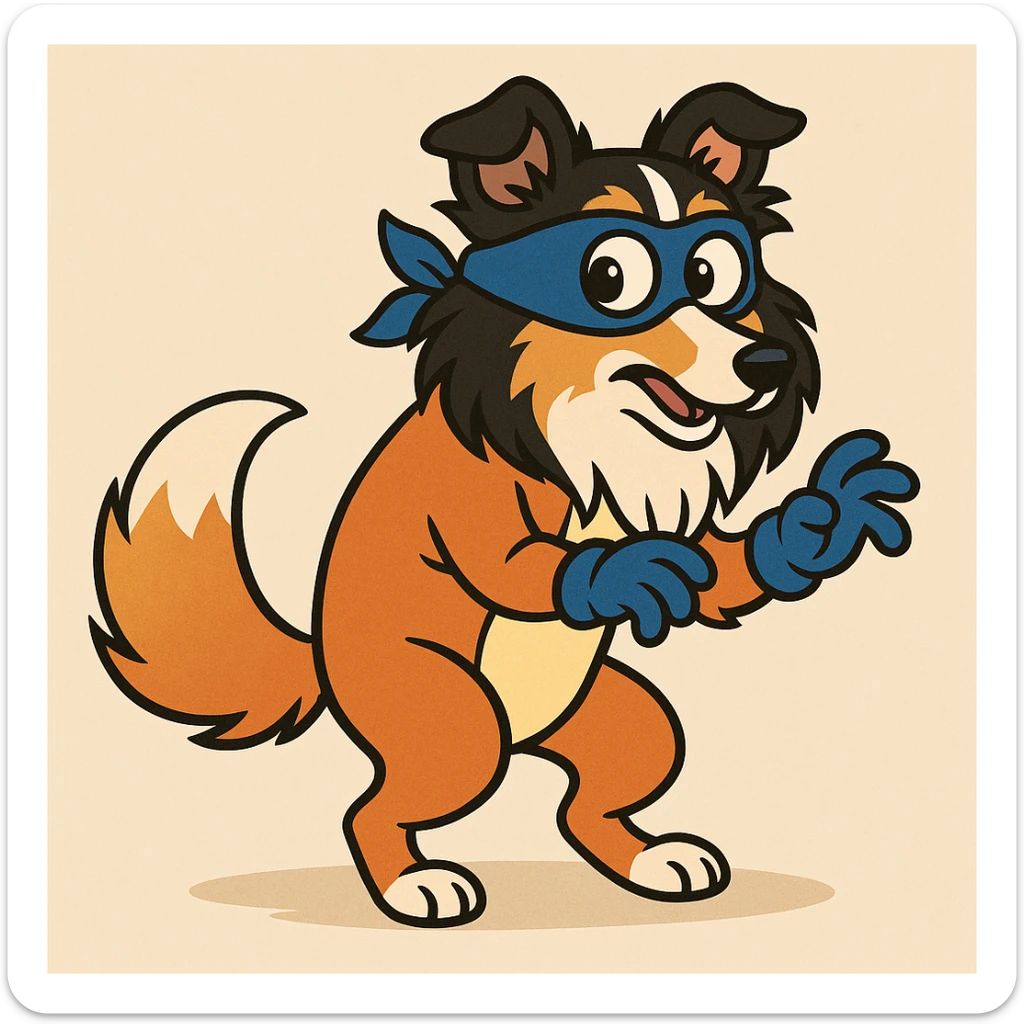 A tricolor Shetland Sheepdog in a Swiper the fox disguise, featuring a blue mask, blue gloves, and orange body suit, looking sneaky and animated, cartoon style sticker