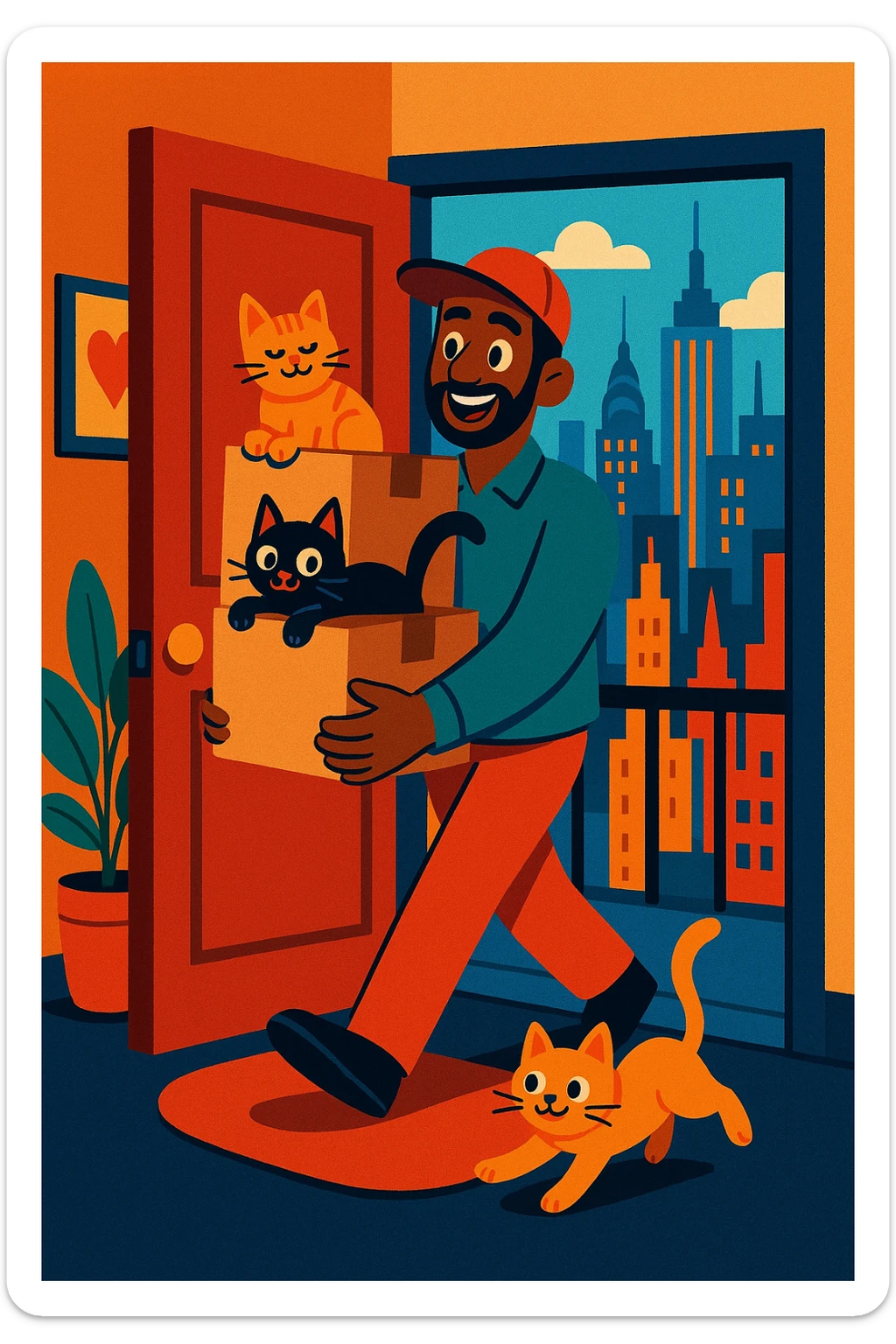 An Indian Black man carrying boxes with two cats, entering a NYC apartment, cityscape visible sticker