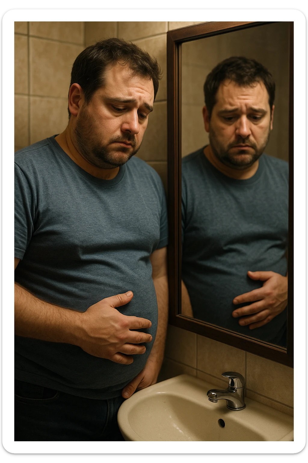 uomo che si guarda allo specchio triste mentre si tocca la pancia, pensieroso, iperrealistico 4k sticker