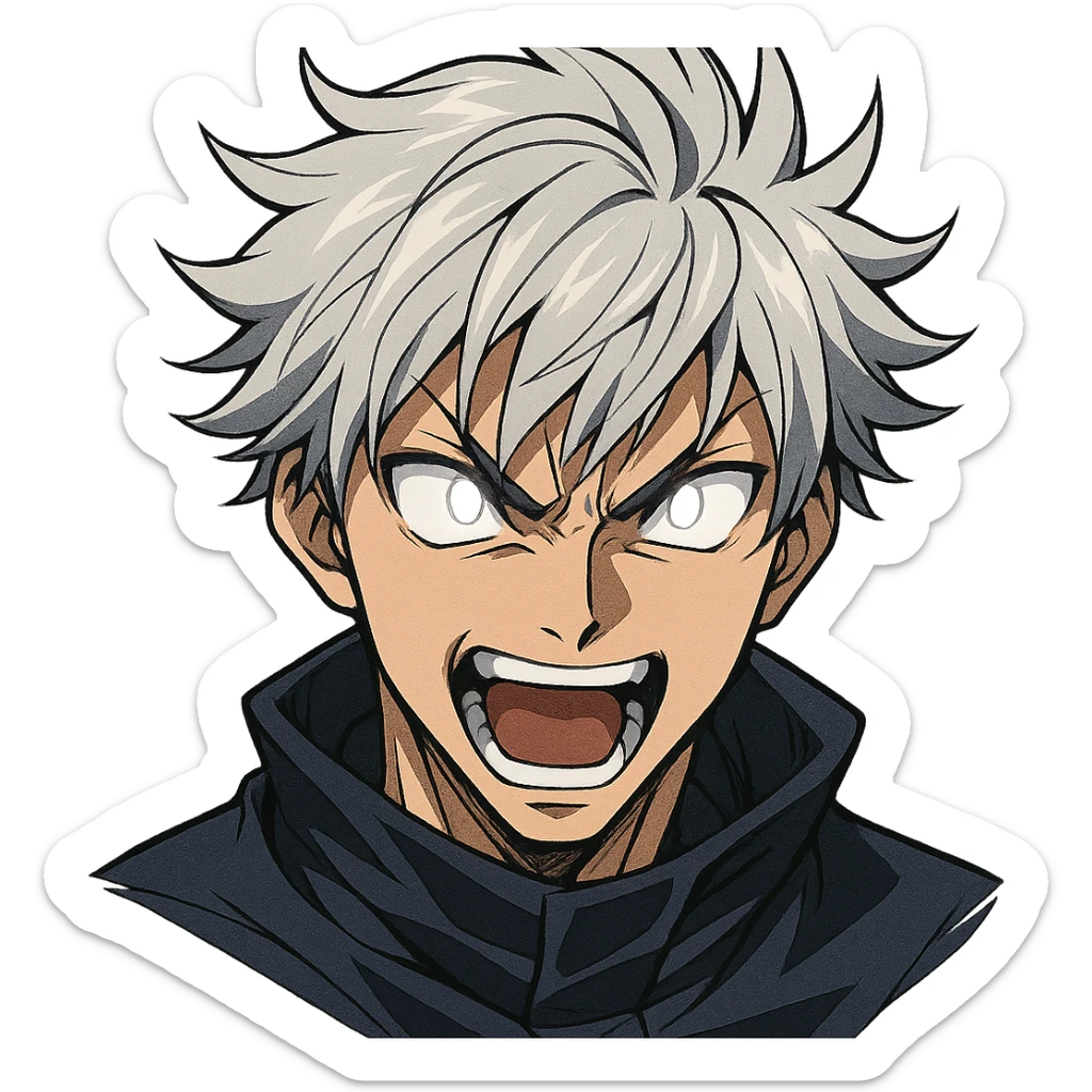 male anime character with silver hair, stylized portrait, dynamic facial expression, clear lines, glowing eyes, no background sticker