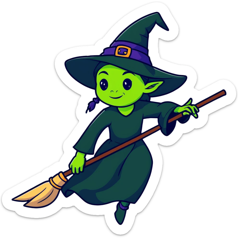 Elphaba, green-skinned witch with black hat and long black dress riding a broomstick sticker
