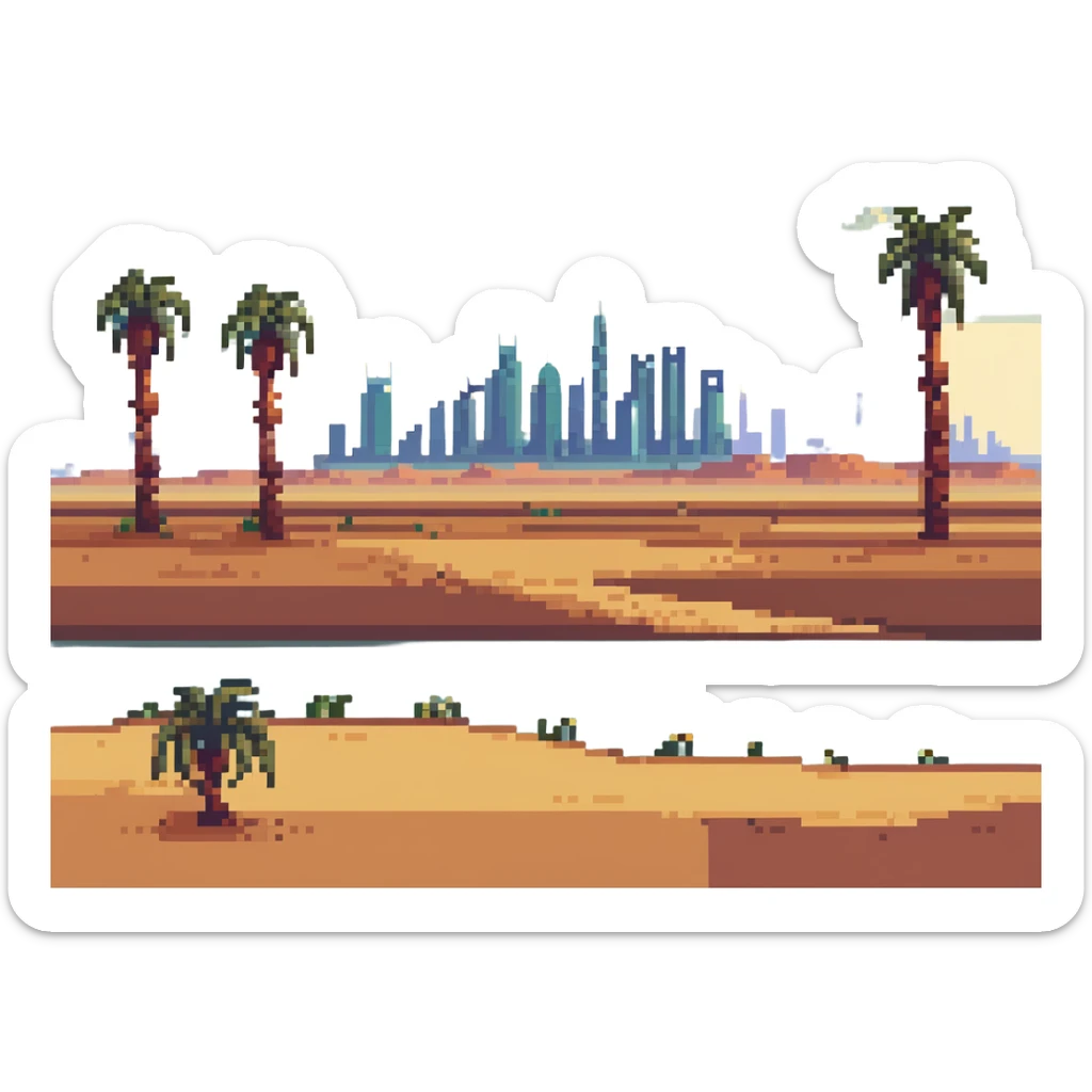 desert landscape with palm trees and a distant city skyline in Saudi Arabia sticker