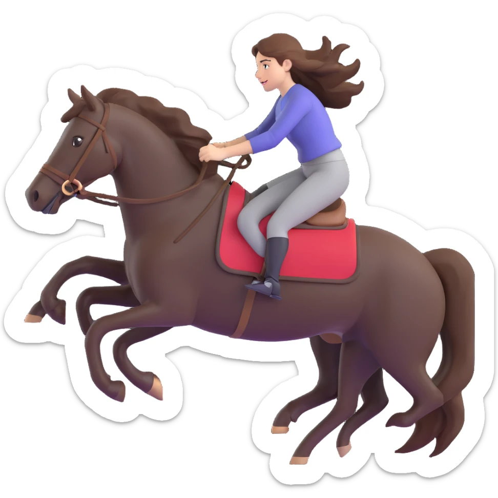 young woman with flowing brown hair galloping bareback on a black horse, energetic motion sticker