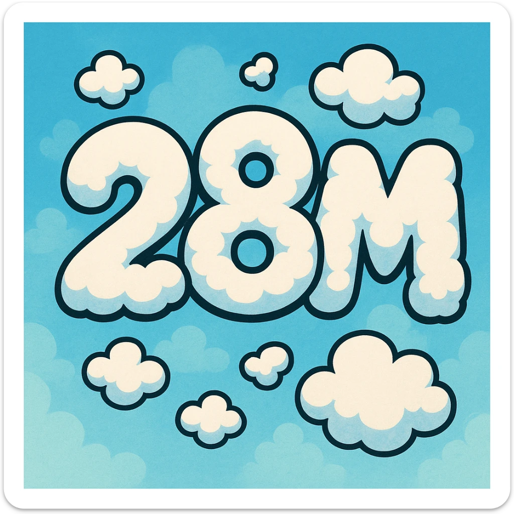 The number two, the number eight, and the letter M in a cartoonish cloud formation, bold and playful sticker