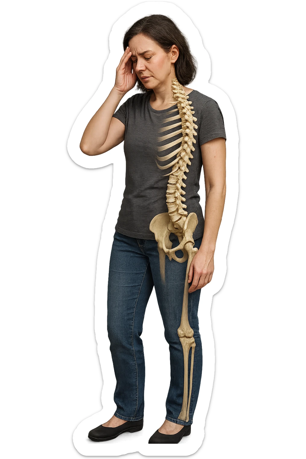 donna stanca a figura intera che si tiene una mano sulla tempia con spina dorsale anatomica visibile, iperrealistico 4k sticker