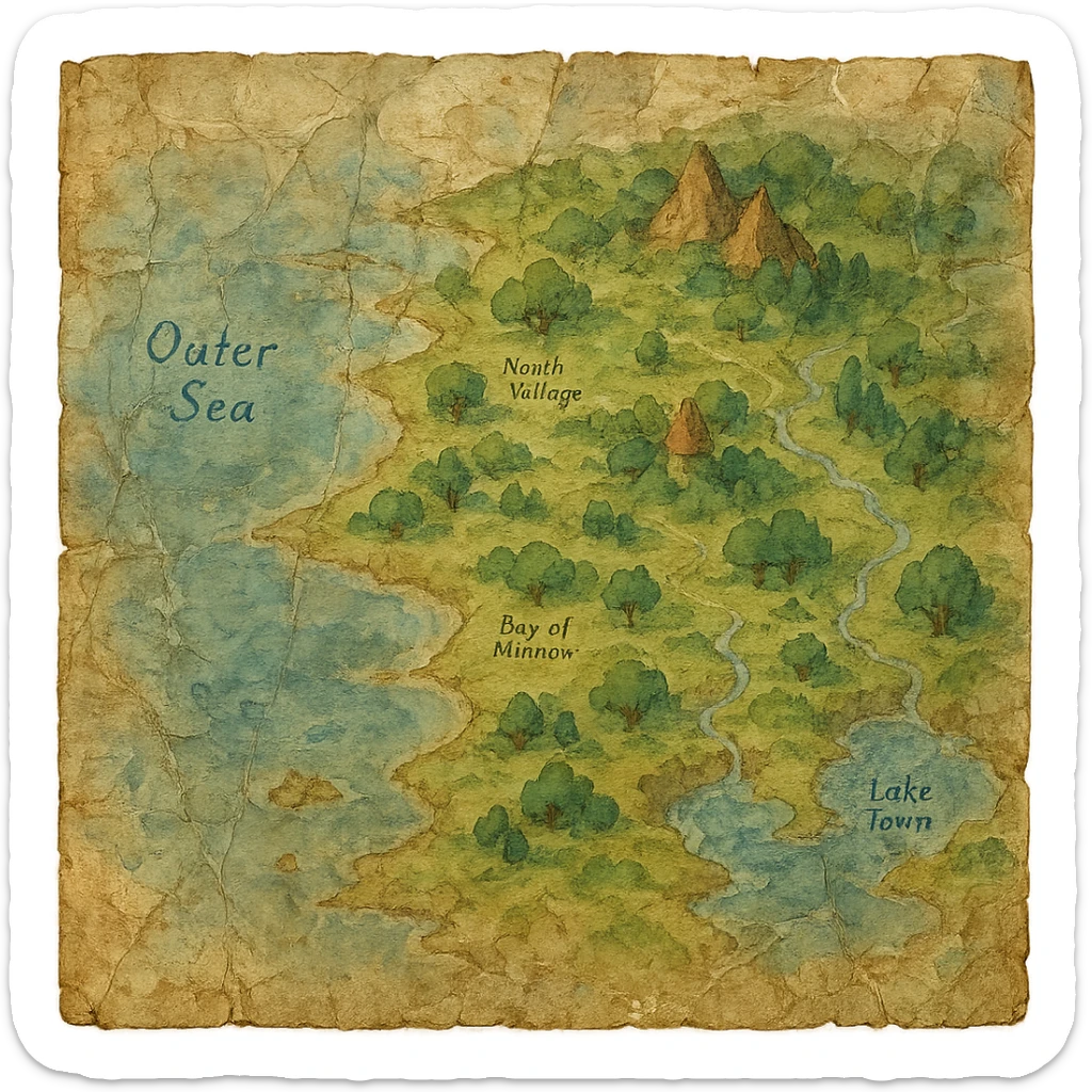 realistic crinkled and water damaged map, natural colors, soft, fairy-like atmosphere, no background, square size sticker
