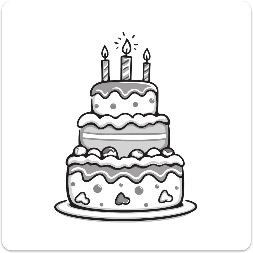 A decorated birthday cake with layers and frosting in pastel colors (dd9fb0, ffc6d3, a3bfc9, c4bee2, f1b091), hand-drawn doodle style sticker