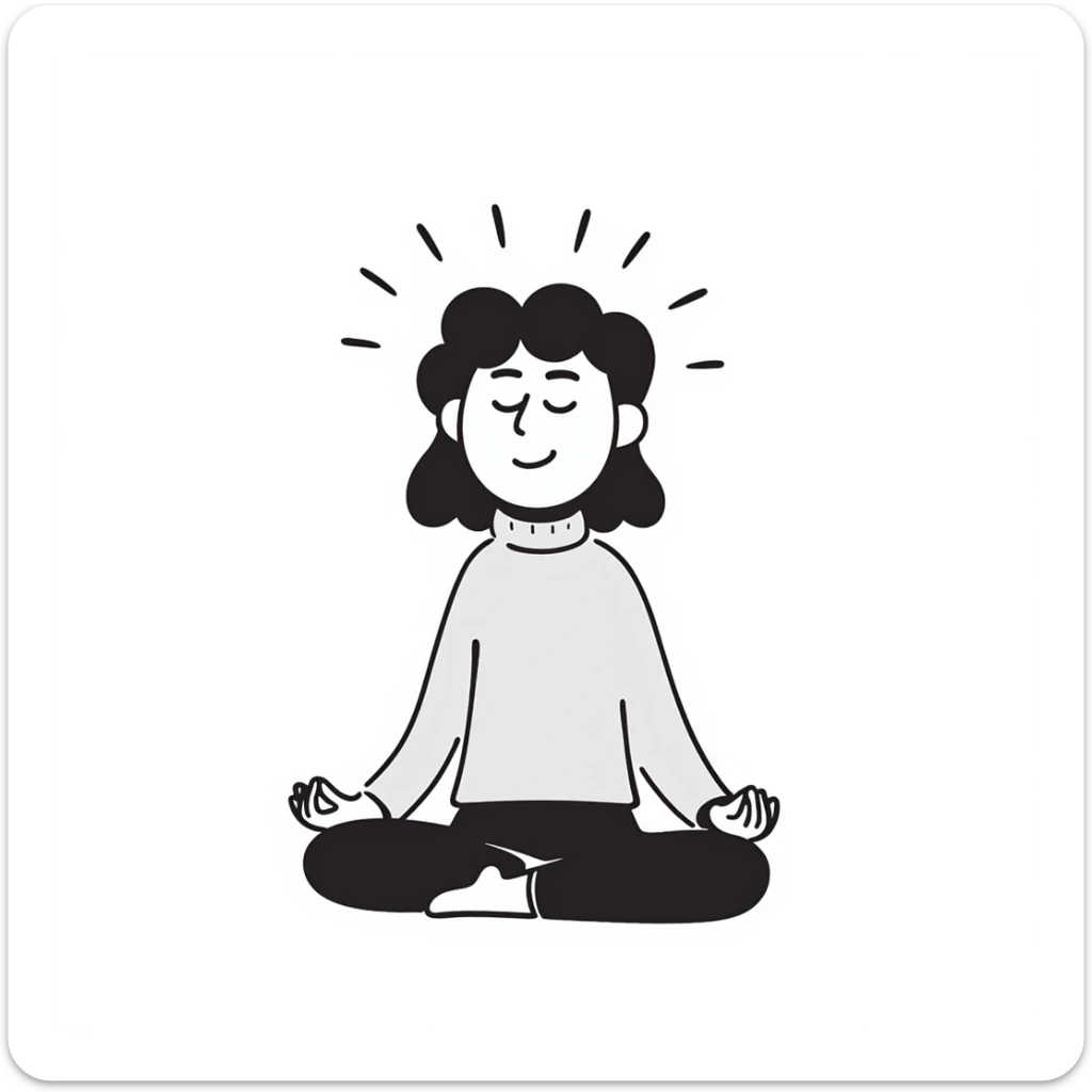 A person in a peaceful meditation pose with small waves of calmness radiating outward, representing mindfulness and stress relief. Simple hand-drawn doodle style. sticker