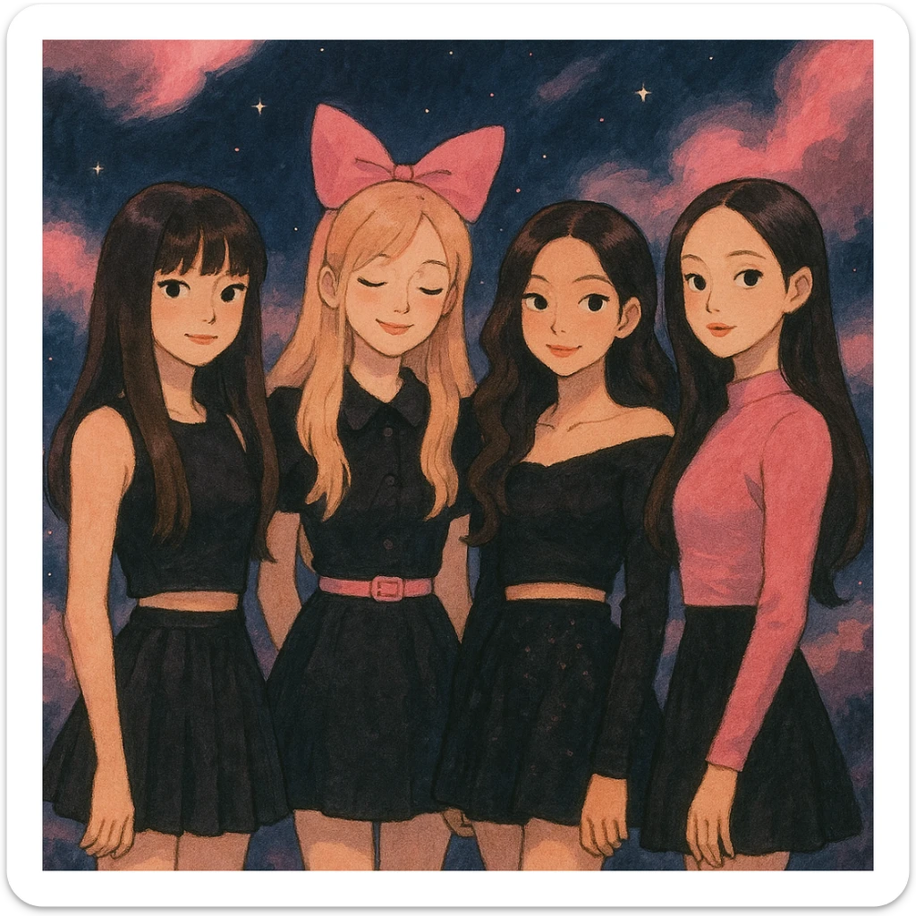illustration inspired by BLACKPINK in Ghibli style, featuring black and pink colors, dreamy lighting, soft painterly textures, whimsical K-pop pop star vibe sticker