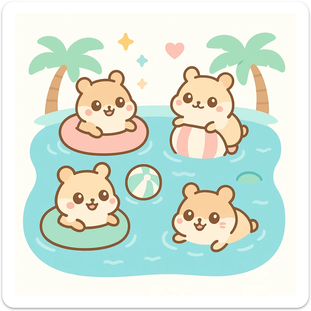 adorable hamsters swimming and playing in a pool, surrounded by palm trees and pool toys, cheerful and lively scene sticker