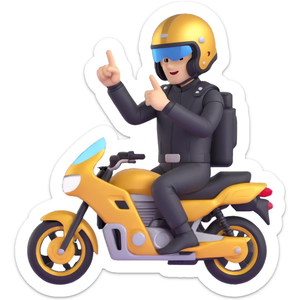 A motorcyclist in a black helmet with a golden visor flipping the bird sticker
