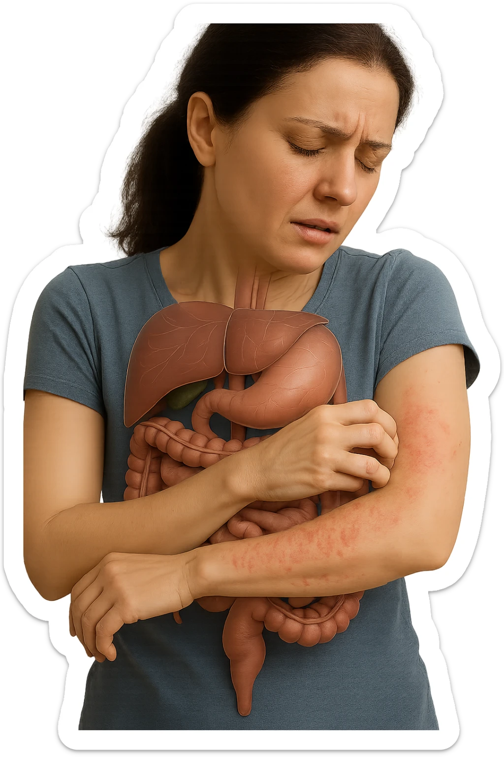 donna con intestino umano anatomico realistico che si gratta il braccio su cui ha un'eritema, iperrealistica 4k sticker