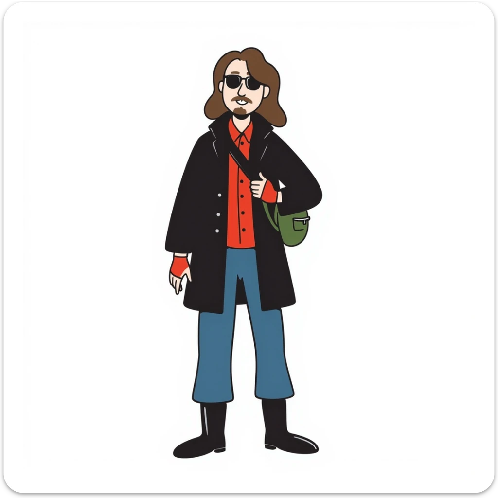 Man with long brown hair, brown goatie, sunglasses, wearing red button up shirt with a sling horizontally across the torso, wearing a black trenchcoat, blue jeans, long black military boots, red fingerless gloves, green backpack sticker