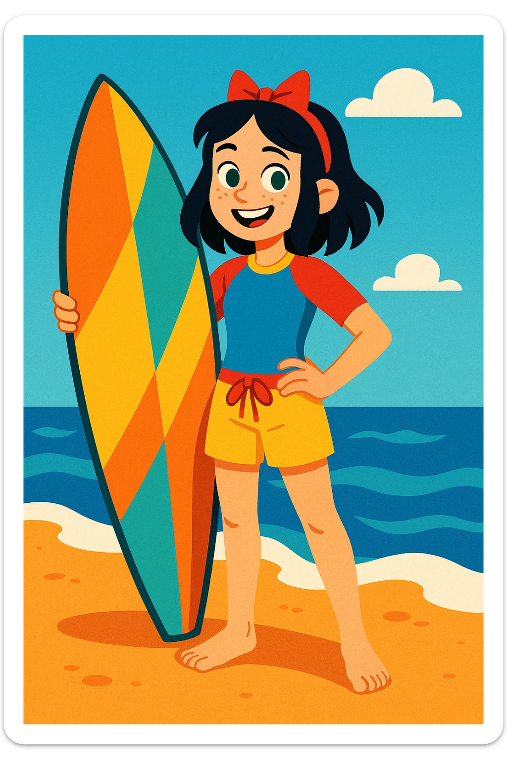 14-year-old girl resembling Snow White, hair slightly below shoulders, small green eyes, some freckles, surfer, medium height, colorful cartoon style sticker