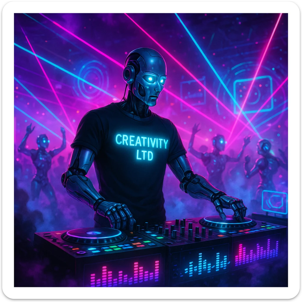 humanoid robot DJ at neon-lit party, wearing black t-shirt with glowing 'CREATIVITY LTD' text, DJ booth with LED waveforms, lasers, smoke, dancing robots and holographic displays in background, energetic futuristic scene emphasizing creativity sticker