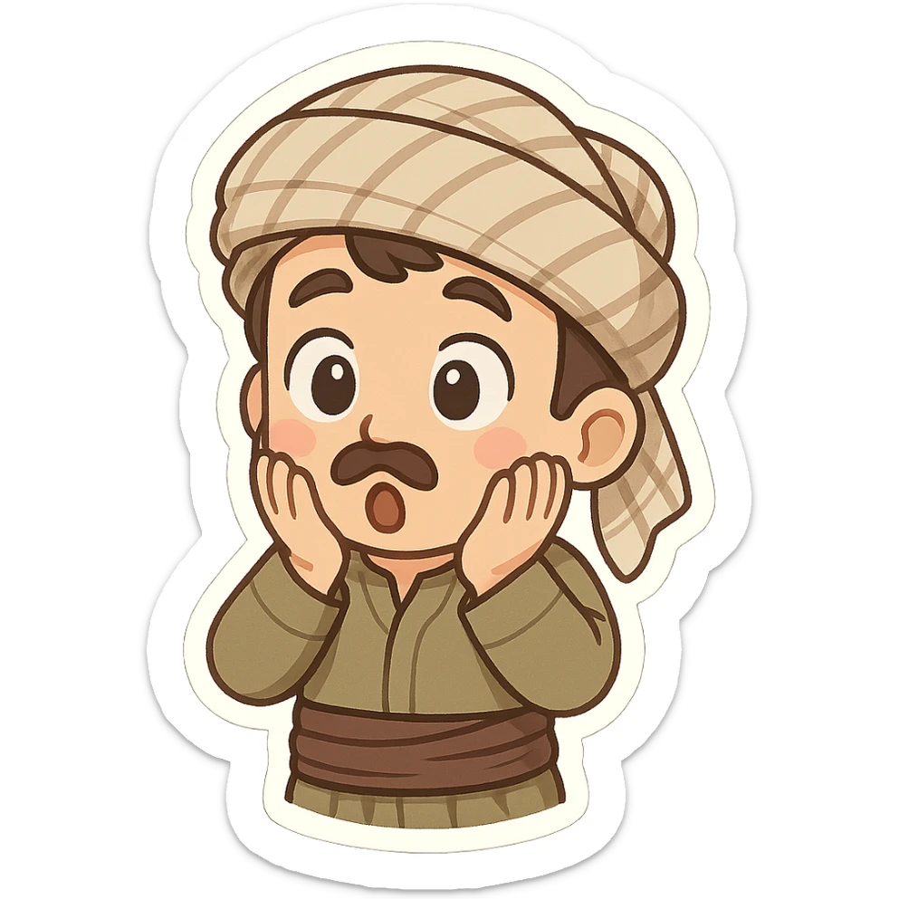 Kurdish sticker, cartoon style, Kurdish man or woman in jamadani, surprised expression, wide eyes, hands on cheeks, no text sticker