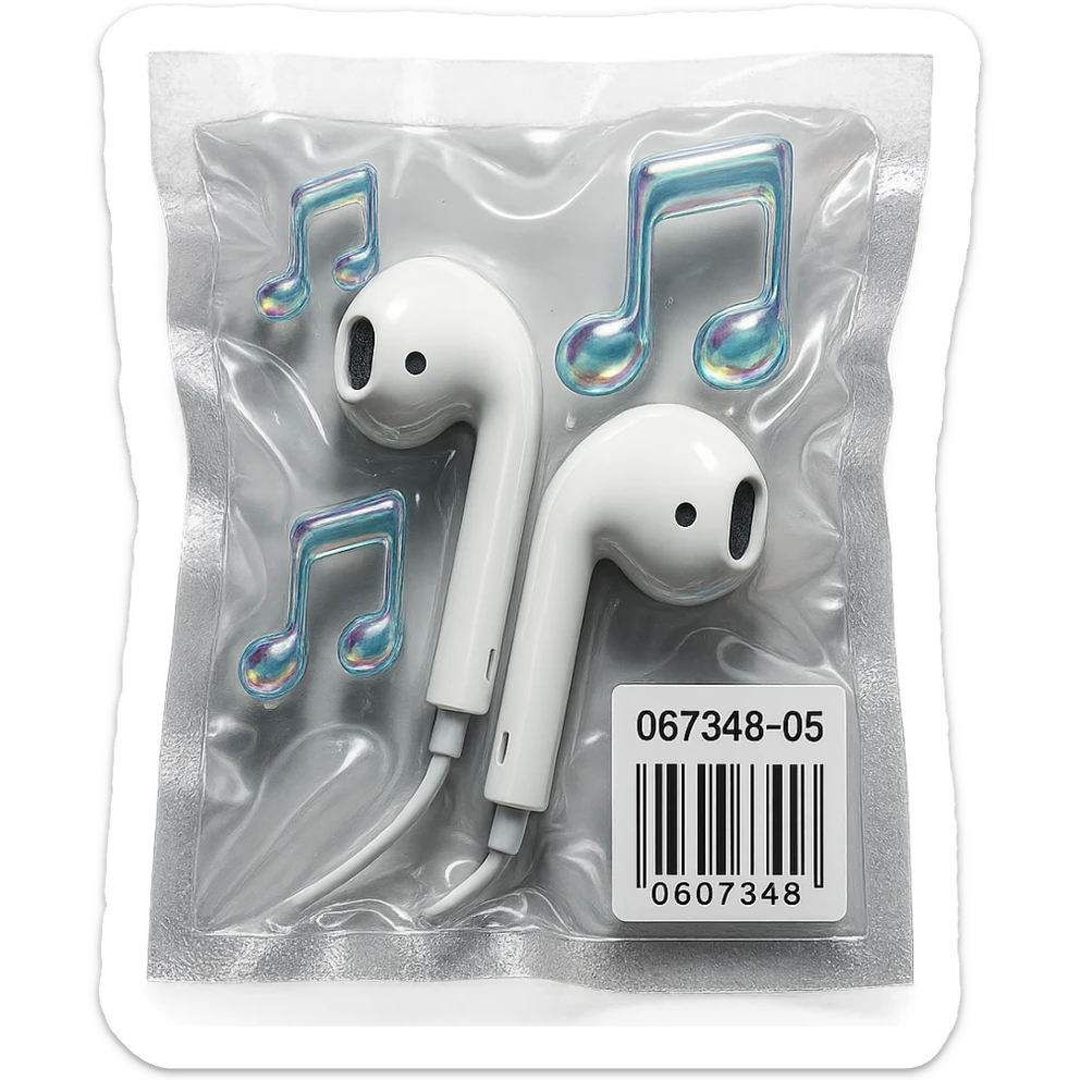 pair of white EarPods with three floating iridescent glass music notes, shiny and puffy, vacuum-sealed style sticker