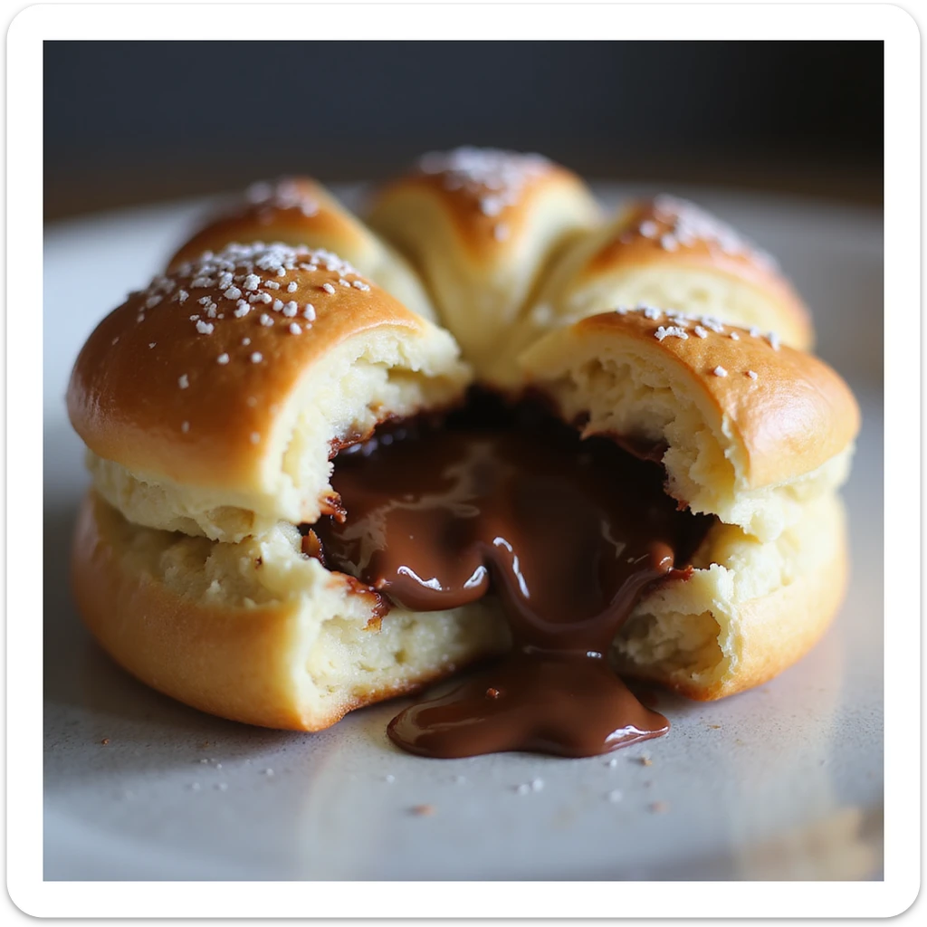 A Brioche Pasquier pitch pastry being crunched open, revealing gooey chocolate filling inside, in a realistic and appetizing style sticker