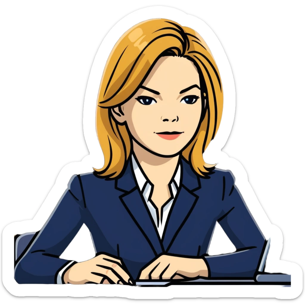 Michelle Monaghan with honey blonde hair as powerful CEO in office sticker