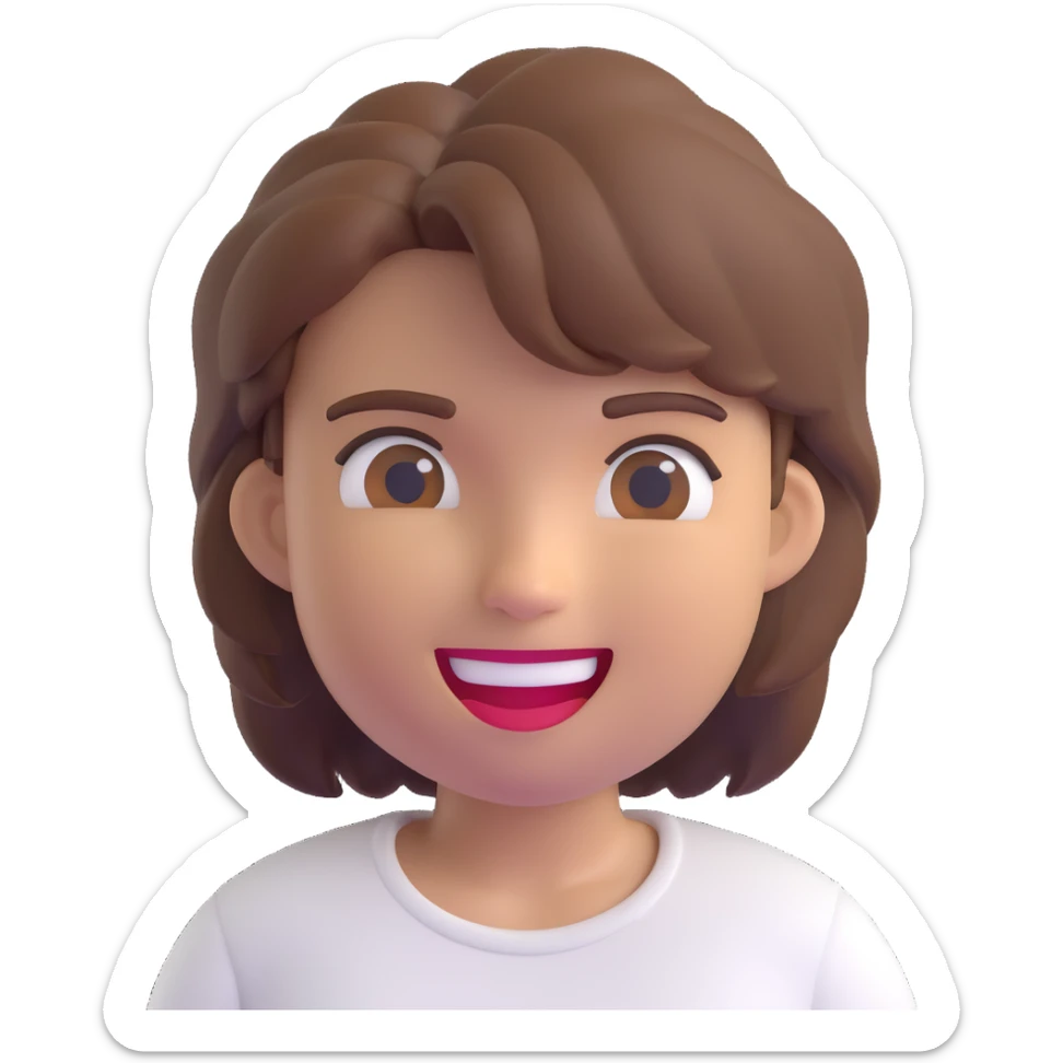 3D emoji style character with short tousled brown hair, winking, wearing a white shirt, light background sticker