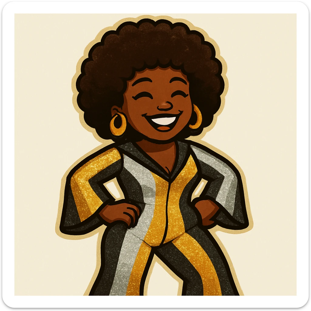Create a 1970s disco emoji of a female African American with both hands on hips, big smile, afro hairstyle, and a 70s disco dress using only gold, silver, black, and white colors. The style is vibrant and pop colors icon style. sticker