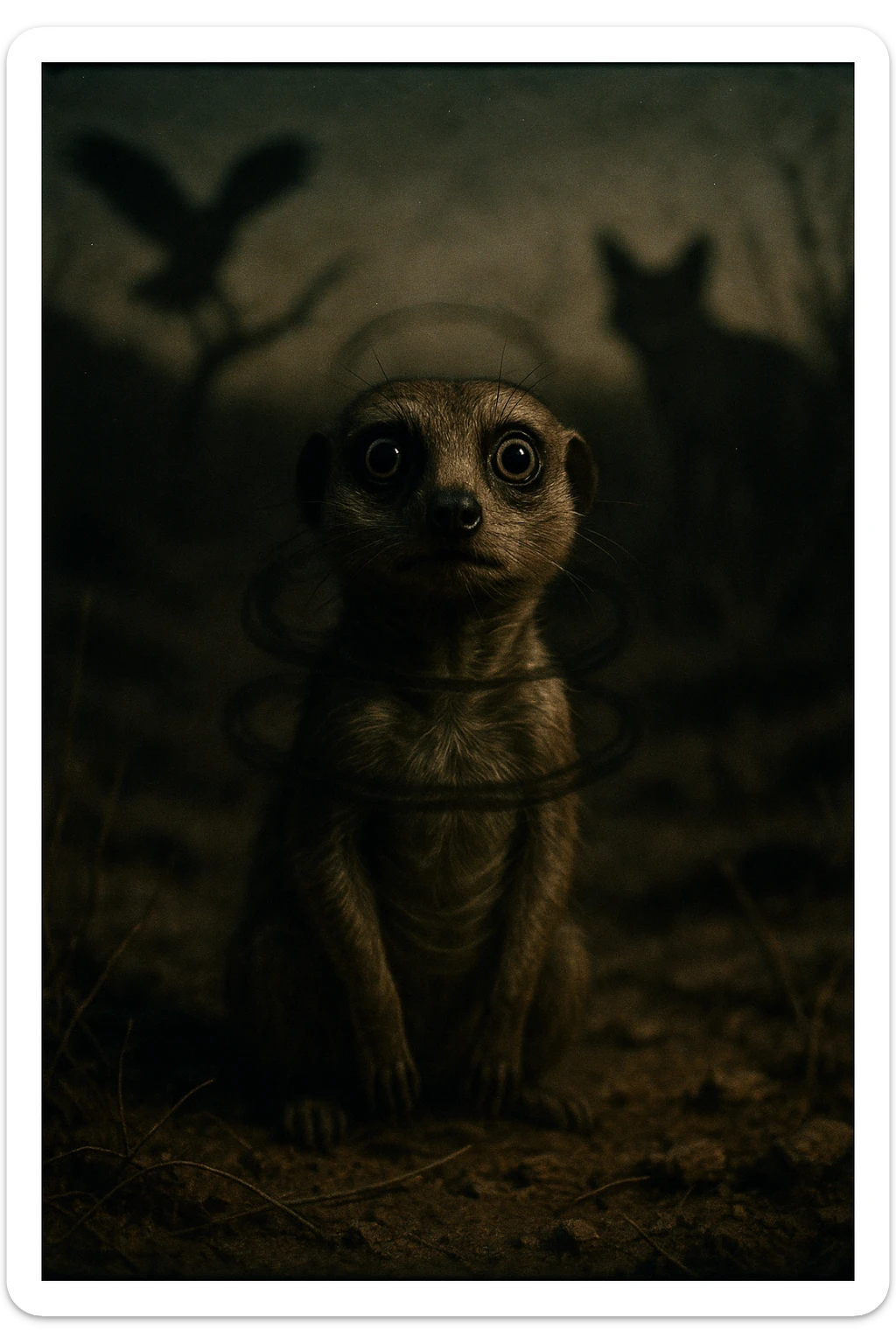 A hyperrealistic, cinematic illustration of a small wild animal, such as a rabbit or a meerkat, with wide, alert eyes and tense body posture, standing in a dry, rugged environment with predators lurking in the shadows. The animal's chest is visibly rising and falling rapidly, representing short, shallow breathing due to constant fear and vigilance. The background is dimly lit, with faint shadows of predators like hawks or foxes barely visible, symbolizing the ever-present threat. Around the animal, subtle visual representations of tension and stress appear as tight, dark rings or smoke near its chest and head, while the environment feels heavy and oppressive. The color palette is muted earth tones, with sharp focus on the animal’s tense face and rapidly moving chest, while the environment around is slightly blurred, emphasizing the feeling of isolation and perpetual fear. The style is 35mm film hyperrealistic with a storytelling, National Geographic documentary aesthetic, capturing the concept of an animal constantly living in fight-or-flight, breathing fast and shallow to survive sticker