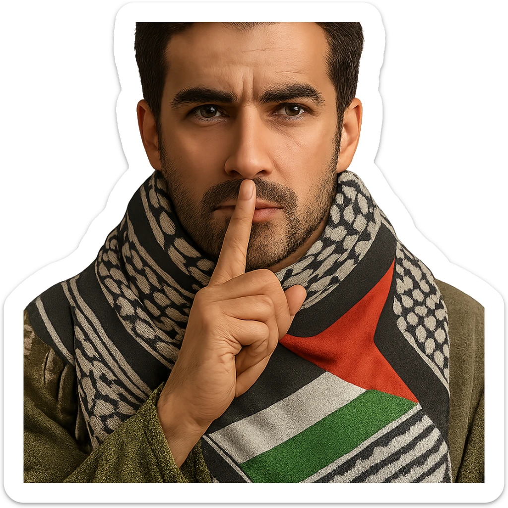 Enhance the design by adding a more prominent Palestinian flag detail to the kufiya scarf and overall design, keeping the person making the 'shh' gesture as the focus. Remove the background to isolate the subject. The style should maintain the original look and feel of the image. sticker