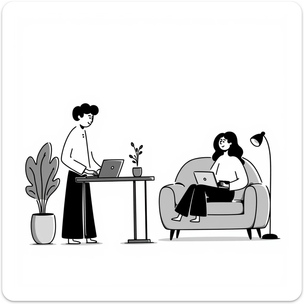 escenary 3d of a cozy mid-century living room with two people working on laptops, one man standing at a desk and one woman sitting on a couch, two walls and floor visible sticker