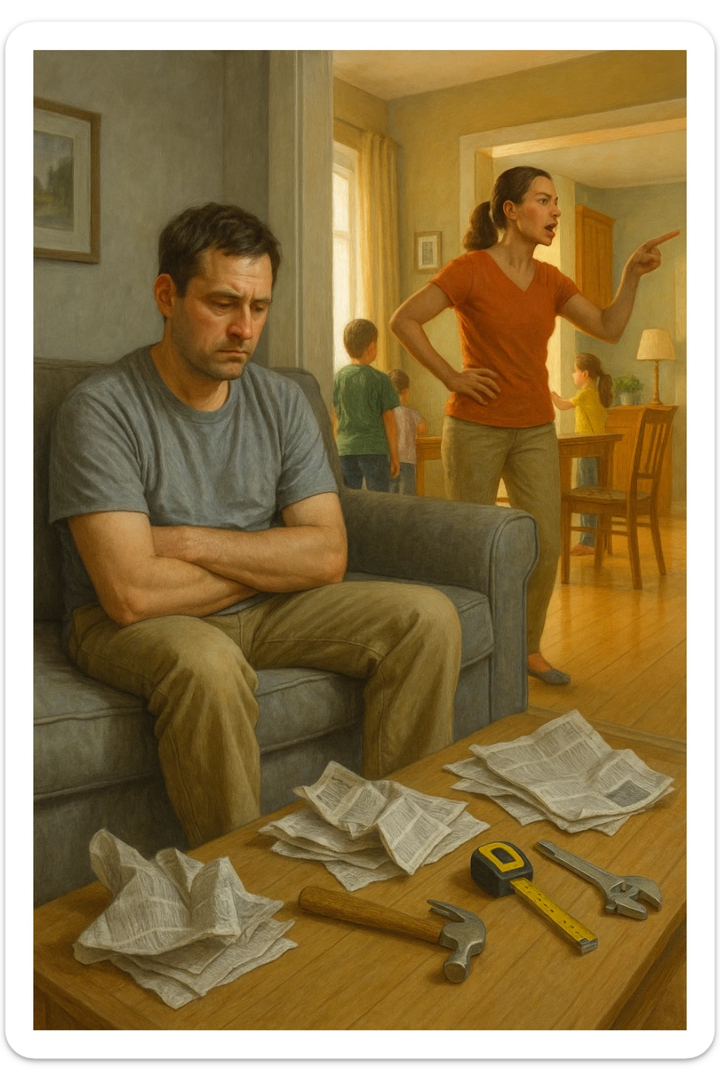 Uomo tra i 35 e i 45 anni, seduto in disparte sul divano con sguardo spento e postura chiusa, mentre la moglie, in piedi, gesticola con decisione e dirige la scena familiare (dando ordini ai figli o organizzando la casa). Intorno, simboli visivi della perdita di ruolo maschile: giornali accartocciati, strumenti da lavoro inutilizzati, l’uomo con vestiti trasandati o troppo neutri. La donna appare energica, determinata, mentre lui è passivo e disconnesso. Atmosfera domestica fredda o neutra. Colori sbiaditi attorno all’uomo, più vividi attorno alla donna. Stile realistico con tono simbolico. sticker