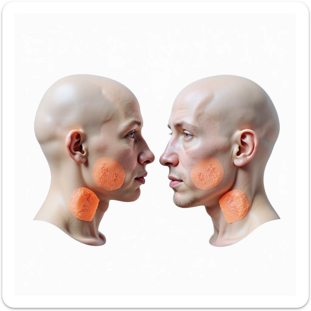 close-up of human and pig heads side by side, transparent overlay showing thyroid position in both, white background, hyperrealistic 4K sticker