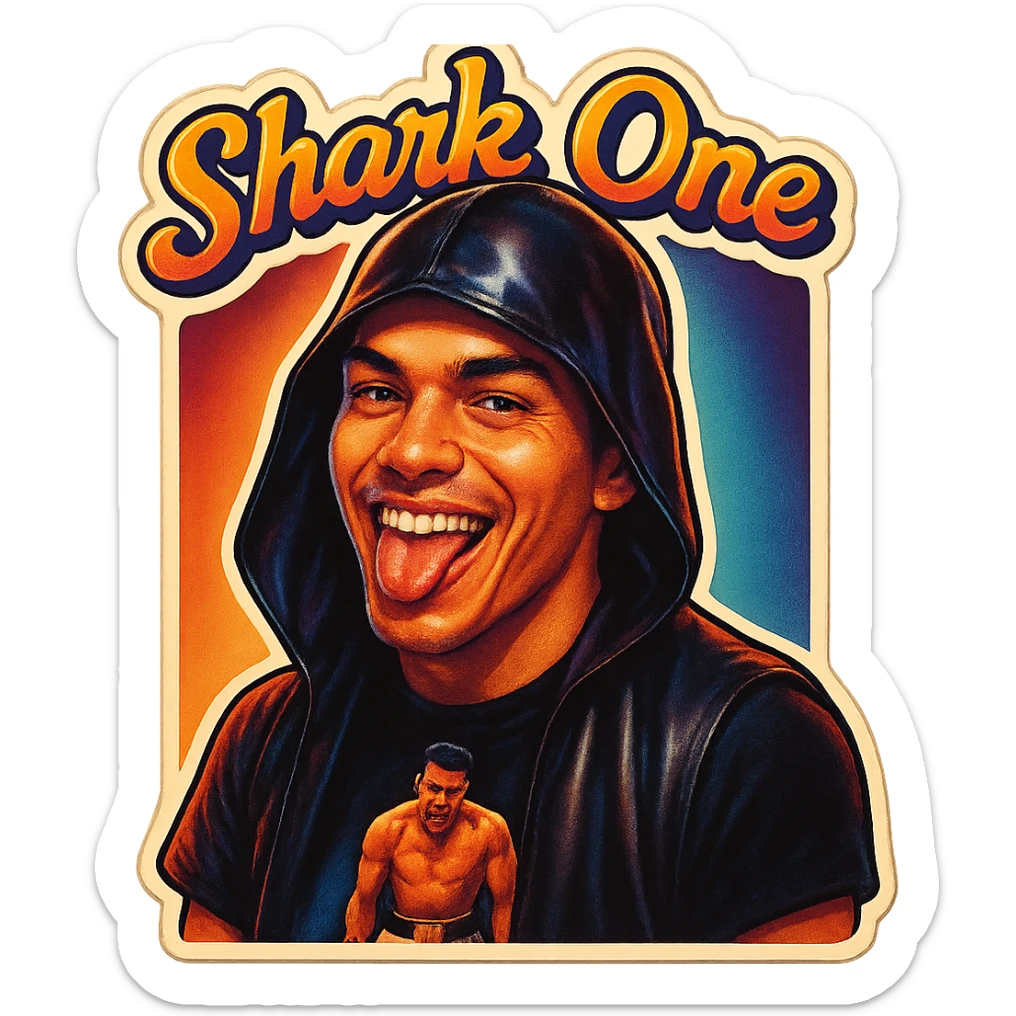 Make him Smiling with tongue sticking out
Add the words Shark One sticker