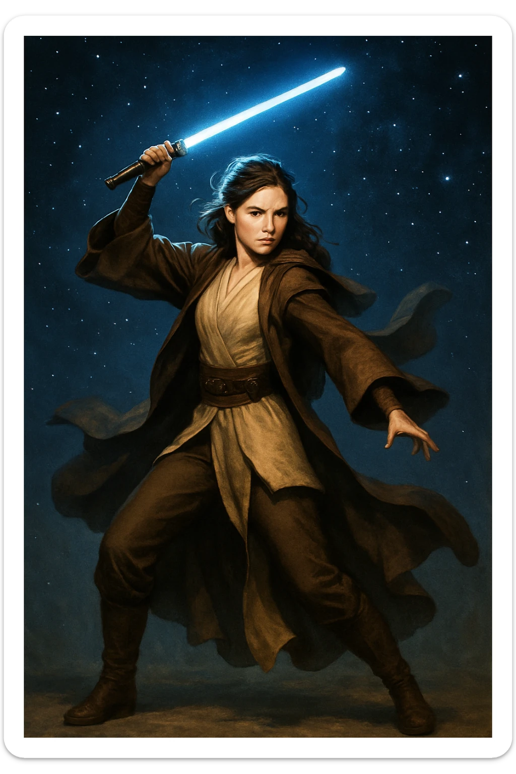 full body female Jedi holding a lightsaber high above her head in an action pose, flowing robes, starry background sticker