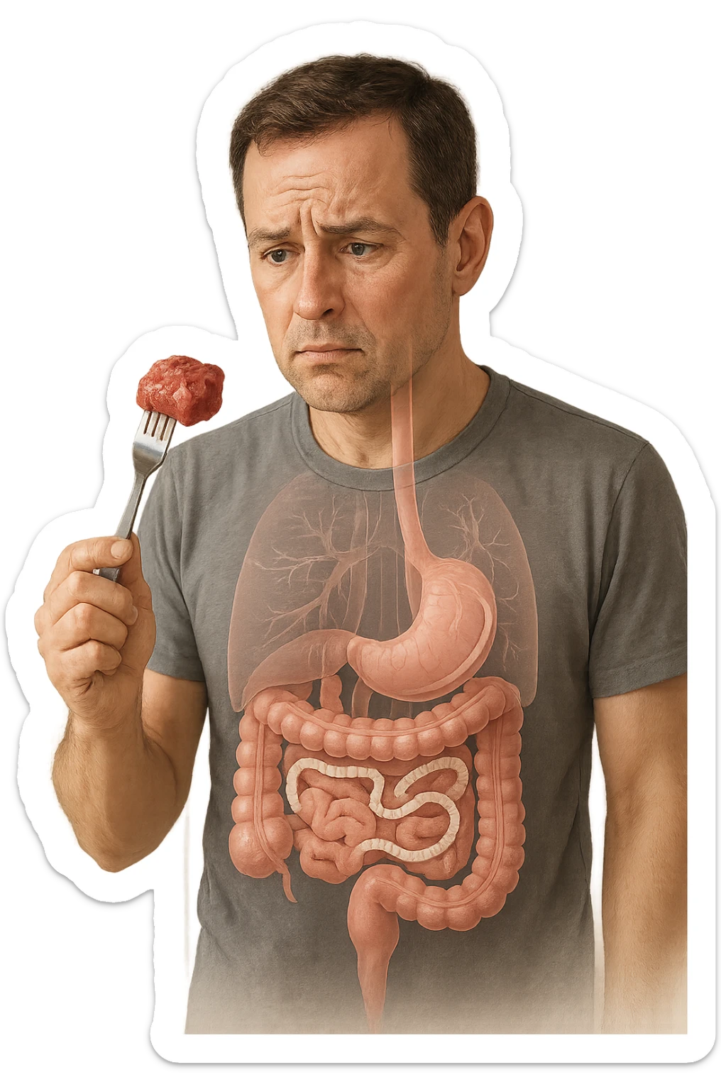 A realistic, high-quality medical illustration showing a concerned man in his early 40s holding a piece of raw beef tartare on a fork, looking at it with a worried expression. Behind him, a transparent overlay of his digestive system reveals the presence of Taenia saginata (beef tapeworm), depicted as a long, segmented white worm inside his intestines, symbolizing the infection. The environment is a kitchen with bright but neutral lighting, creating a serious educational tone. Subtle anatomical highlights and clean medical graphics convey the concept of parasite transmission through undercooked beef, emphasizing food safety and health awareness. sticker