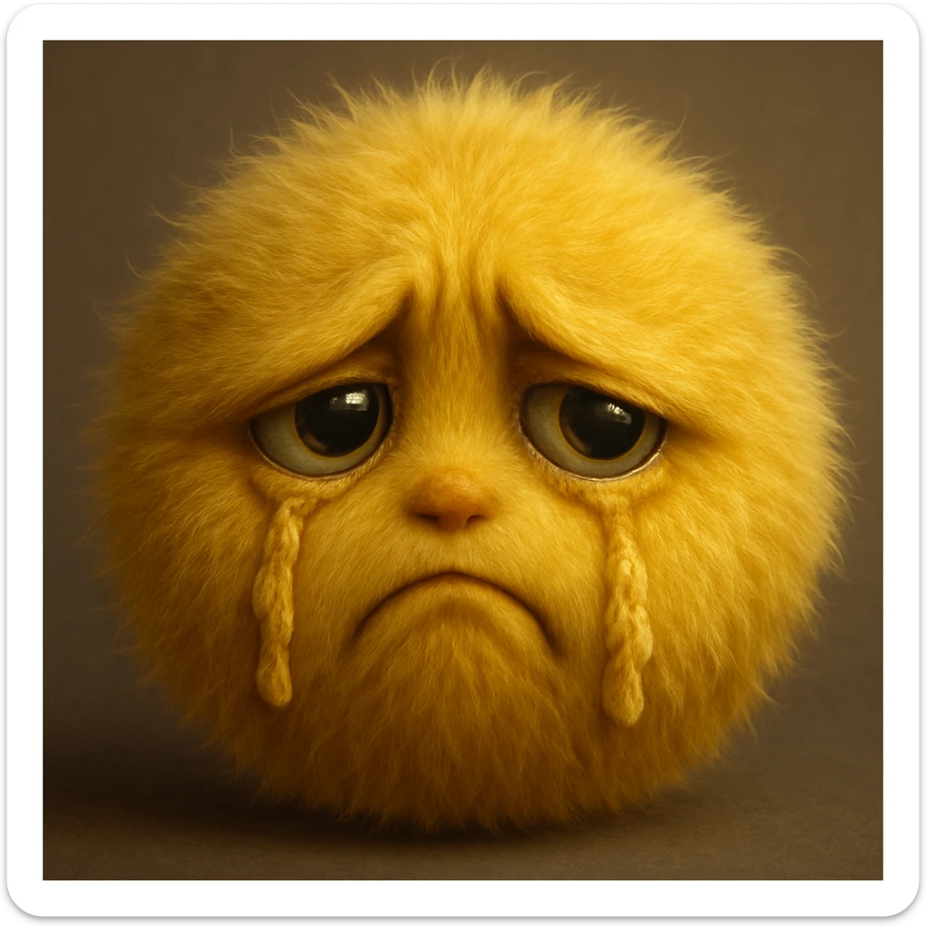 a realistic yellow fur ball face, sad and envious, with furry tears and expressive eyes sticker